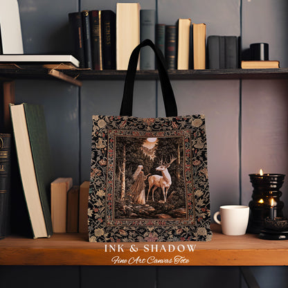 Gothic Woodland Fantasy Tote Bag | Folklore inspired Nature Landscape Tapestry Bag Fantasy Aesthetic Woven Victorian Dark Academia Book Bag