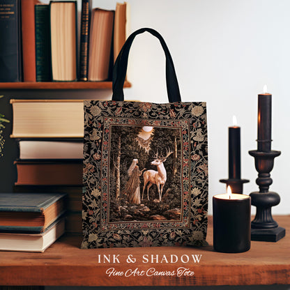 Gothic Woodland Fantasy Tote Bag | Folklore inspired Nature Landscape Tapestry Bag Fantasy Aesthetic Woven Victorian Dark Academia Book Bag