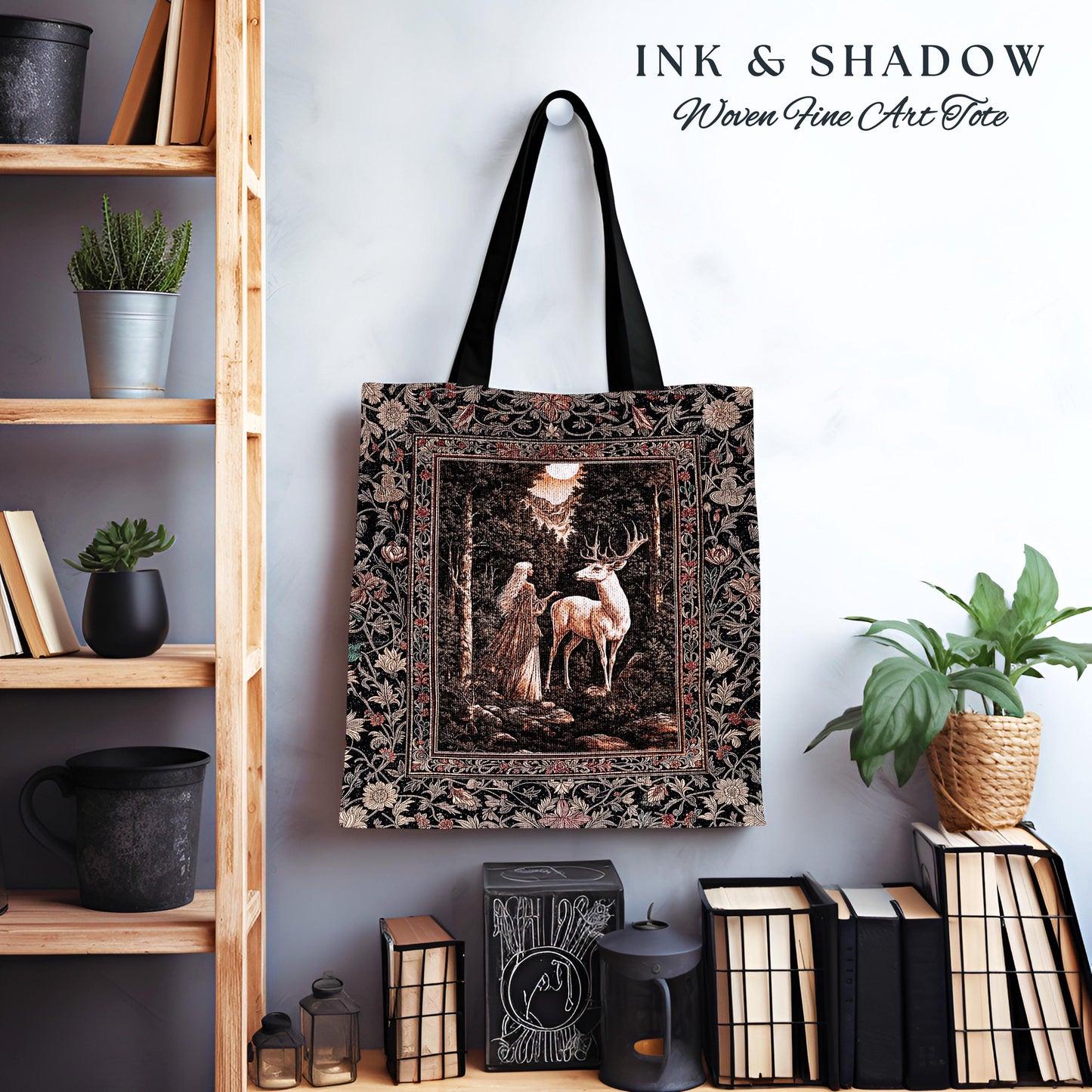 Gothic Woodland Fantasy Tote Bag | Folklore inspired Nature Landscape Tapestry Bag Fantasy Aesthetic Woven Victorian Dark Academia Book Bag