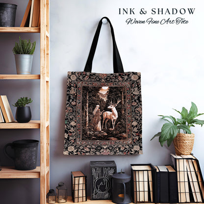 Gothic Woodland Fantasy Tote Bag | Folklore inspired Nature Landscape Tapestry Bag Fantasy Aesthetic Woven Victorian Dark Academia Book Bag