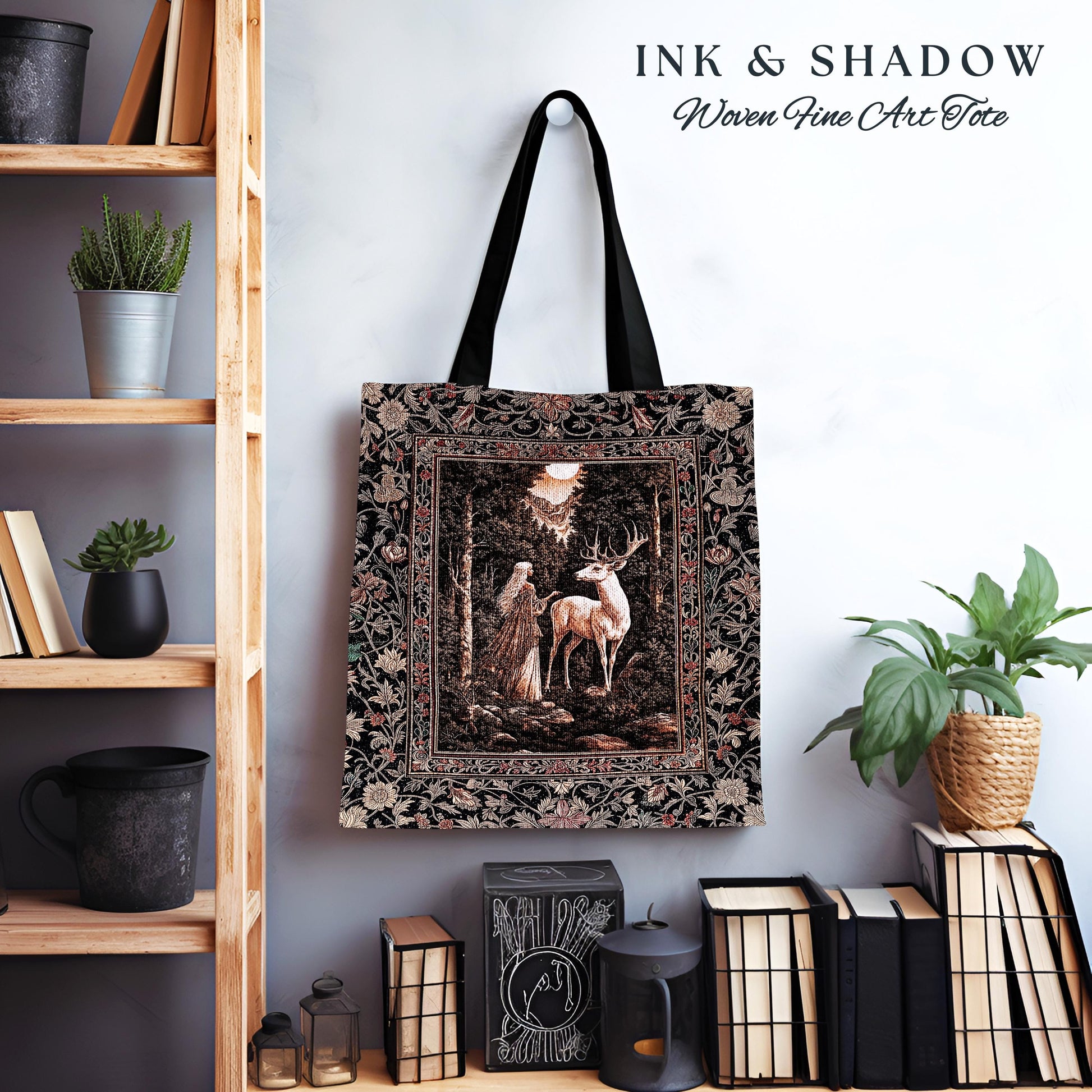 Gothic Woodland Fantasy Tote Bag | Folklore inspired Nature Landscape Tapestry Bag Fantasy Aesthetic Woven Victorian Dark Academia Book Bag