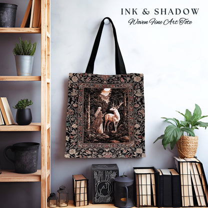 Gothic Woodland Fantasy Tote Bag | Folklore inspired Nature Landscape Tapestry Bag Fantasy Aesthetic Woven Victorian Dark Academia Book Bag