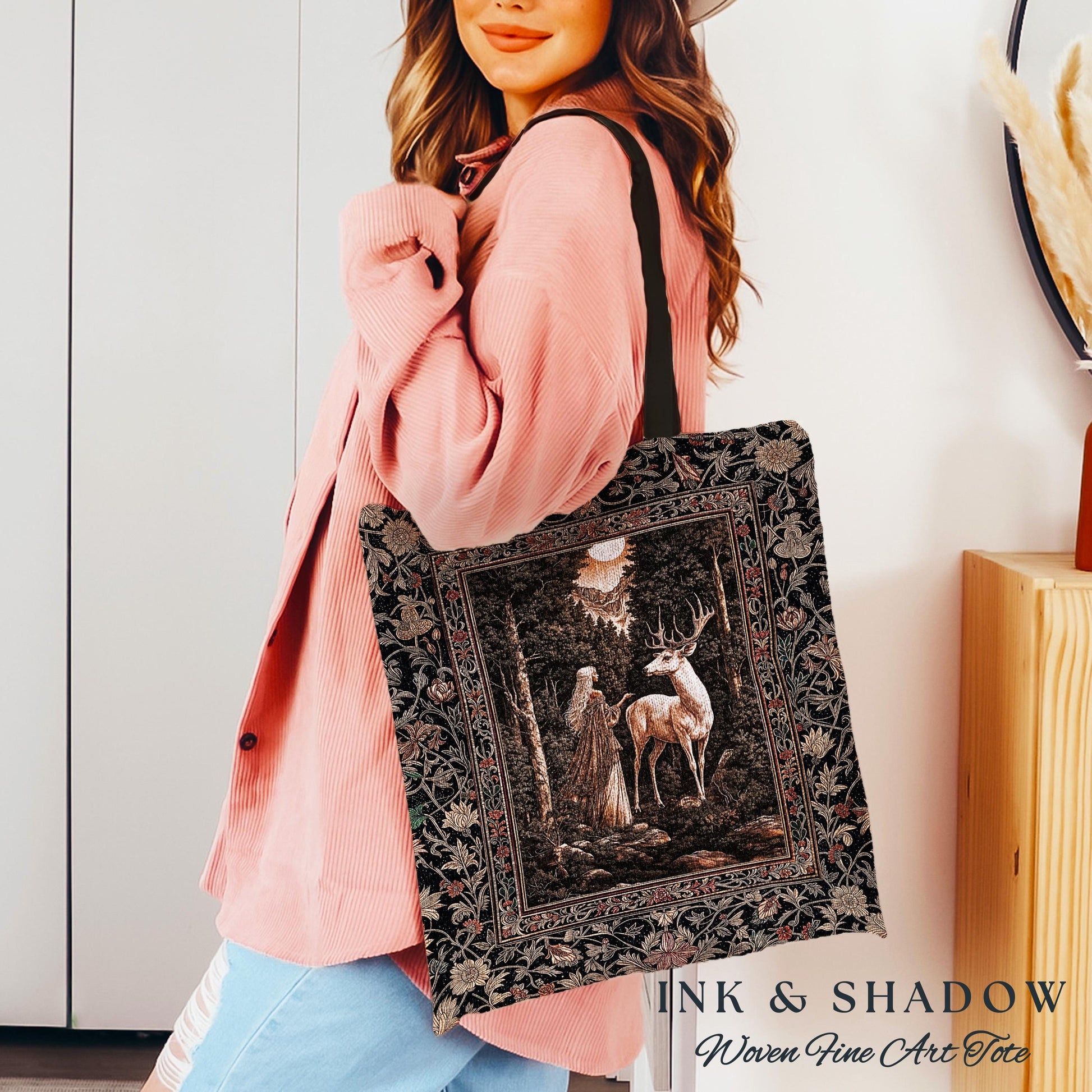 Gothic Woodland Fantasy Tote Bag | Folklore inspired Nature Landscape Tapestry Bag Fantasy Aesthetic Woven Victorian Dark Academia Book Bag