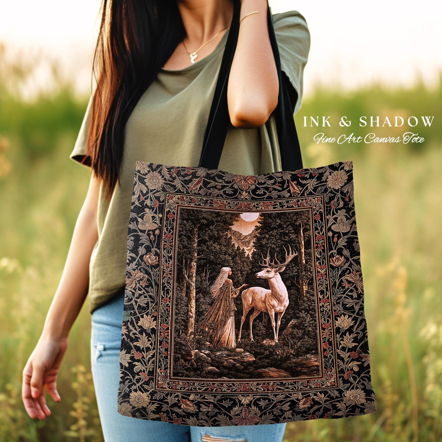 Gothic Woodland Fantasy Tote Bag | Folklore inspired Nature Landscape Tapestry Bag Fantasy Aesthetic Woven Victorian Dark Academia Book Bag