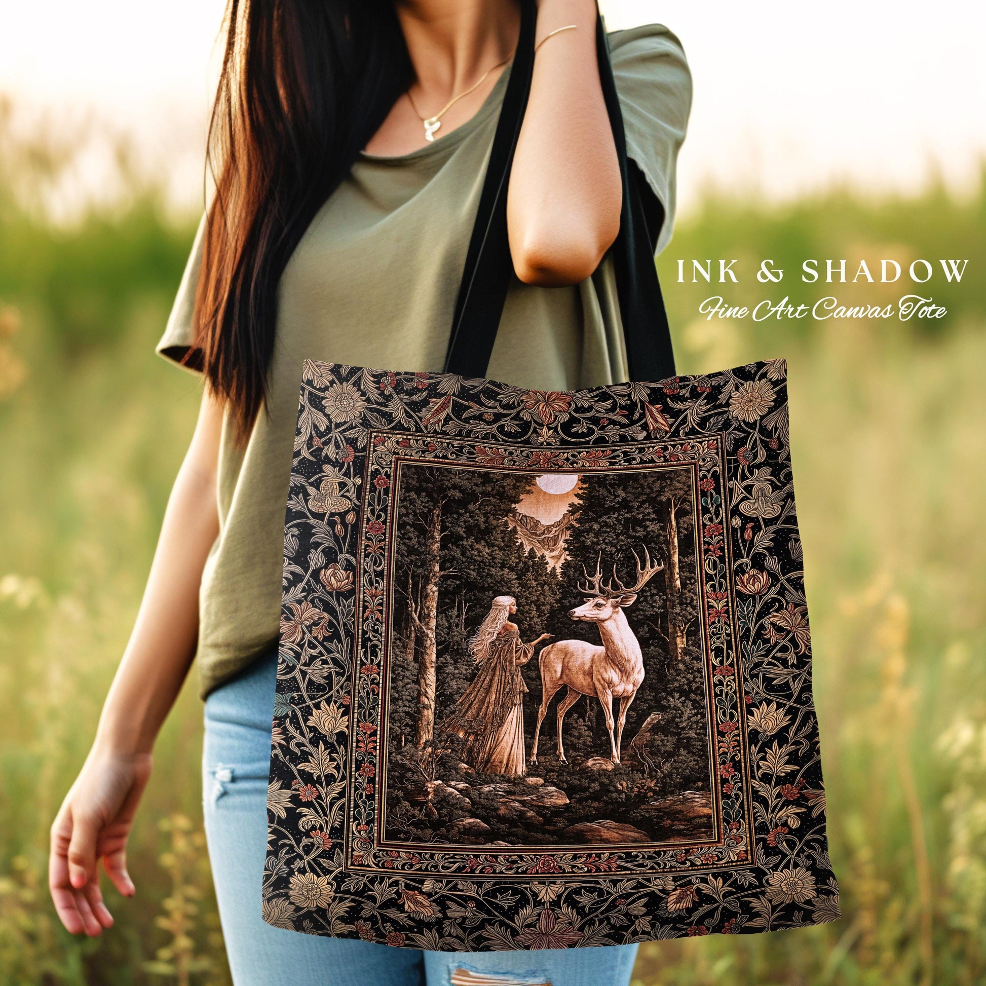 Gothic Woodland Fantasy Tote Bag | Folklore inspired Nature Landscape Tapestry Bag Fantasy Aesthetic Woven Victorian Dark Academia Book Bag