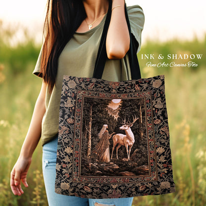 Gothic Woodland Fantasy Tote Bag | Folklore inspired Nature Landscape Tapestry Bag Fantasy Aesthetic Woven Victorian Dark Academia Book Bag