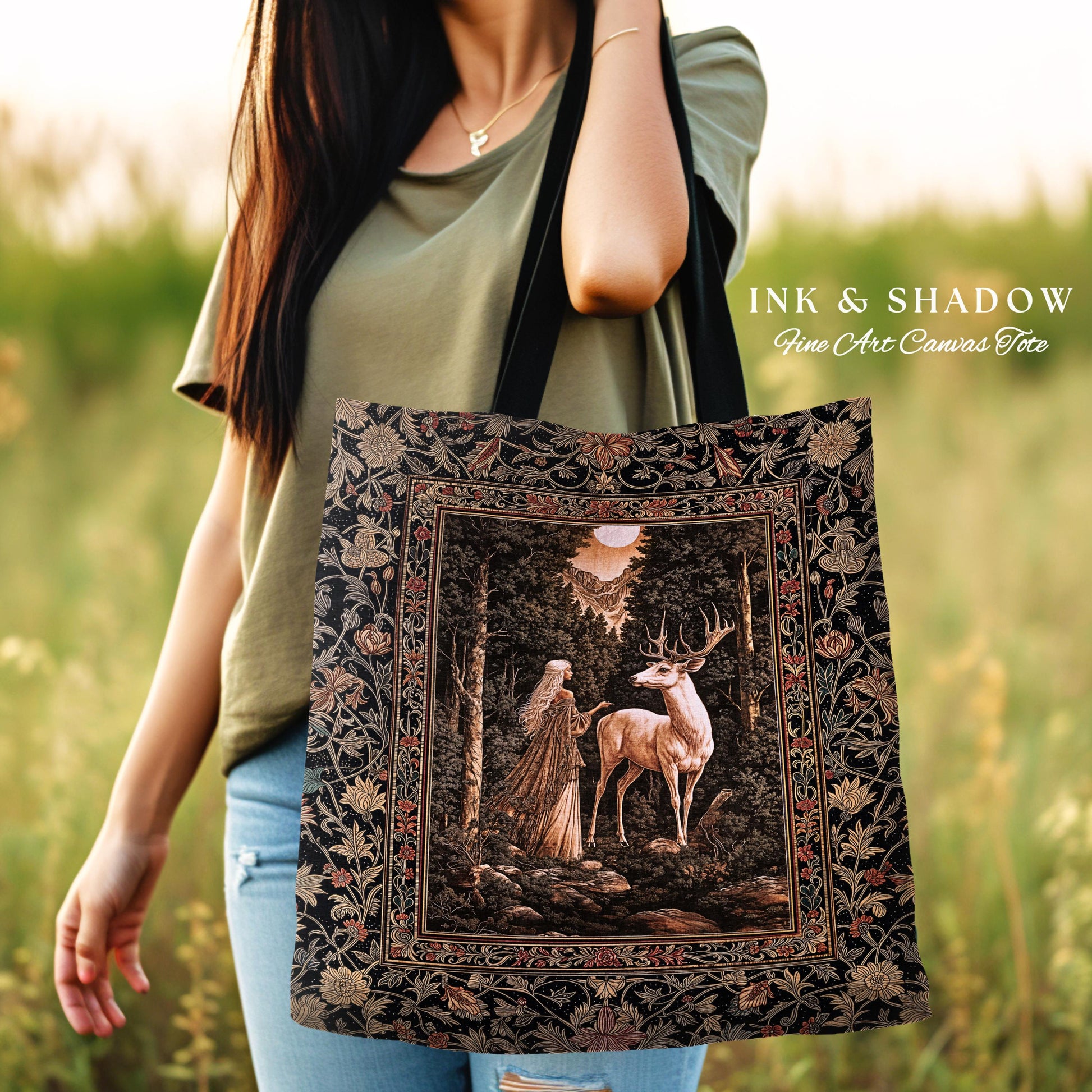 Gothic Woodland Fantasy Tote Bag | Folklore inspired Nature Landscape Tapestry Bag Fantasy Aesthetic Woven Victorian Dark Academia Book Bag