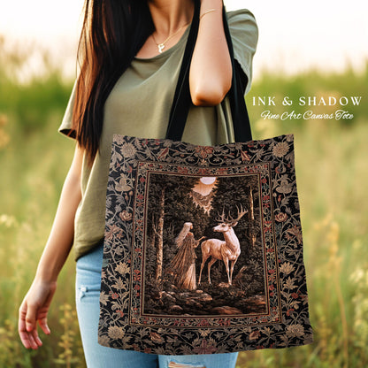 Gothic Woodland Fantasy Tote Bag | Folklore inspired Nature Landscape Tapestry Bag Fantasy Aesthetic Woven Victorian Dark Academia Book Bag