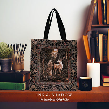 Gothic Woodland Fantasy Tote Bag | Folklore inspired Nature Landscape Tapestry Bag Fantasy Aesthetic Woven Victorian Dark Academia Book Bag
