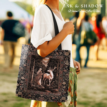 Gothic Woodland Fantasy Tote Bag | Folklore inspired Nature Landscape Tapestry Bag Fantasy Aesthetic Woven Victorian Dark Academia Book Bag