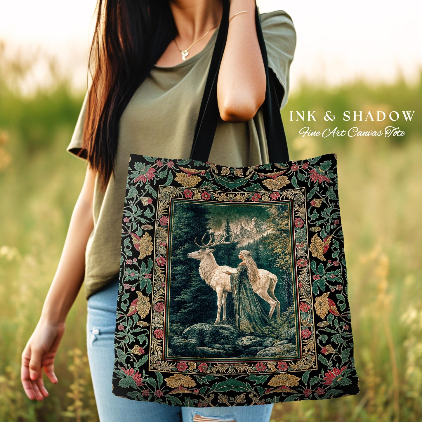 Woodland Guardian Ethereal Woven Tote | Forest Goddess Tapestry Bag Folklore Fairytale Fantasy Renaissance Dark Academia Forest Spirits |