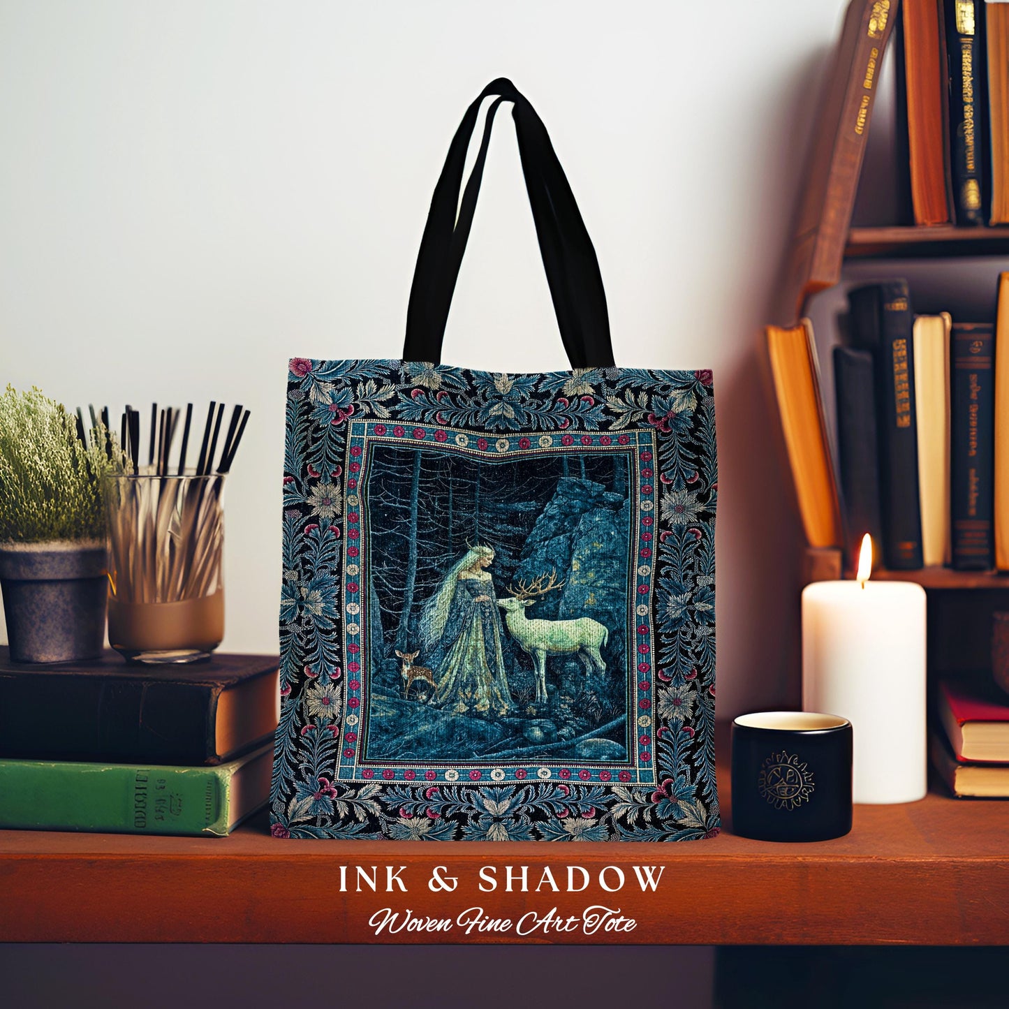 Spirit Animals Ethereal Goddess Tote | Storybook Aesthetic Magical Forest Nymph Fantasy Tapestry Bag Dark Victorian Woodland Deer Moody Art