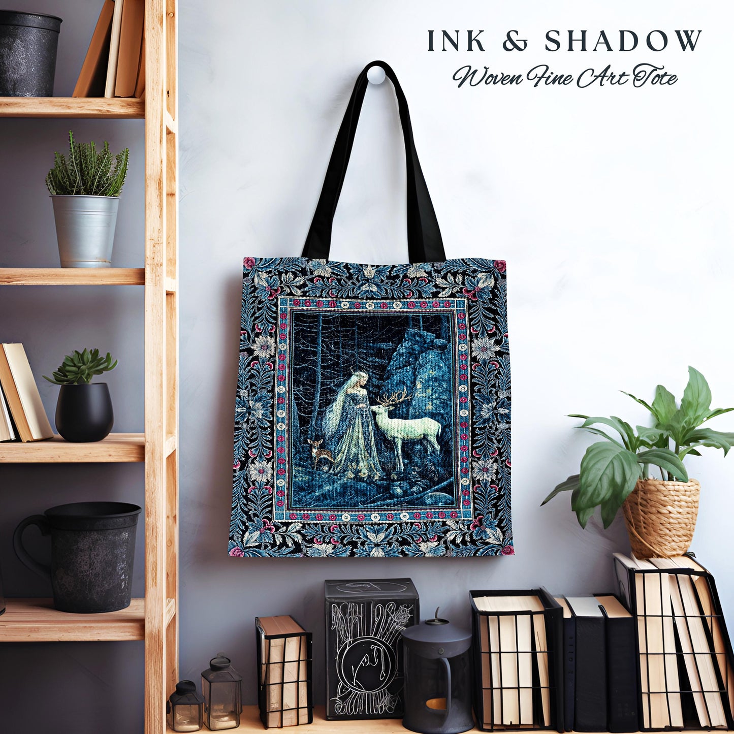 Spirit Animals Ethereal Goddess Tote | Storybook Aesthetic Magical Forest Nymph Fantasy Tapestry Bag Dark Victorian Woodland Deer Moody Art