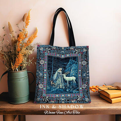 Spirit Animals Ethereal Goddess Tote | Storybook Aesthetic Magical Forest Nymph Fantasy Tapestry Bag Dark Victorian Woodland Deer Moody Art