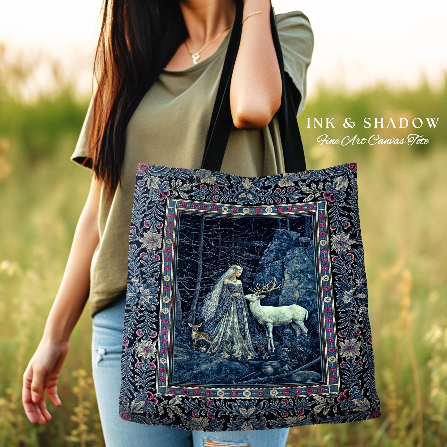 Spirit Animals Ethereal Goddess Tote | Storybook Aesthetic Magical Forest Nymph Fantasy Tapestry Bag Dark Victorian Woodland Deer Moody Art