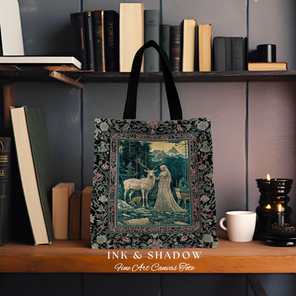 Twilight Forest Spirits Tote Bag | Mythic Woodland Fairycore Tapestry Bag Royal Gothic Renaissance Folklore Landscape Woven Victorian Style