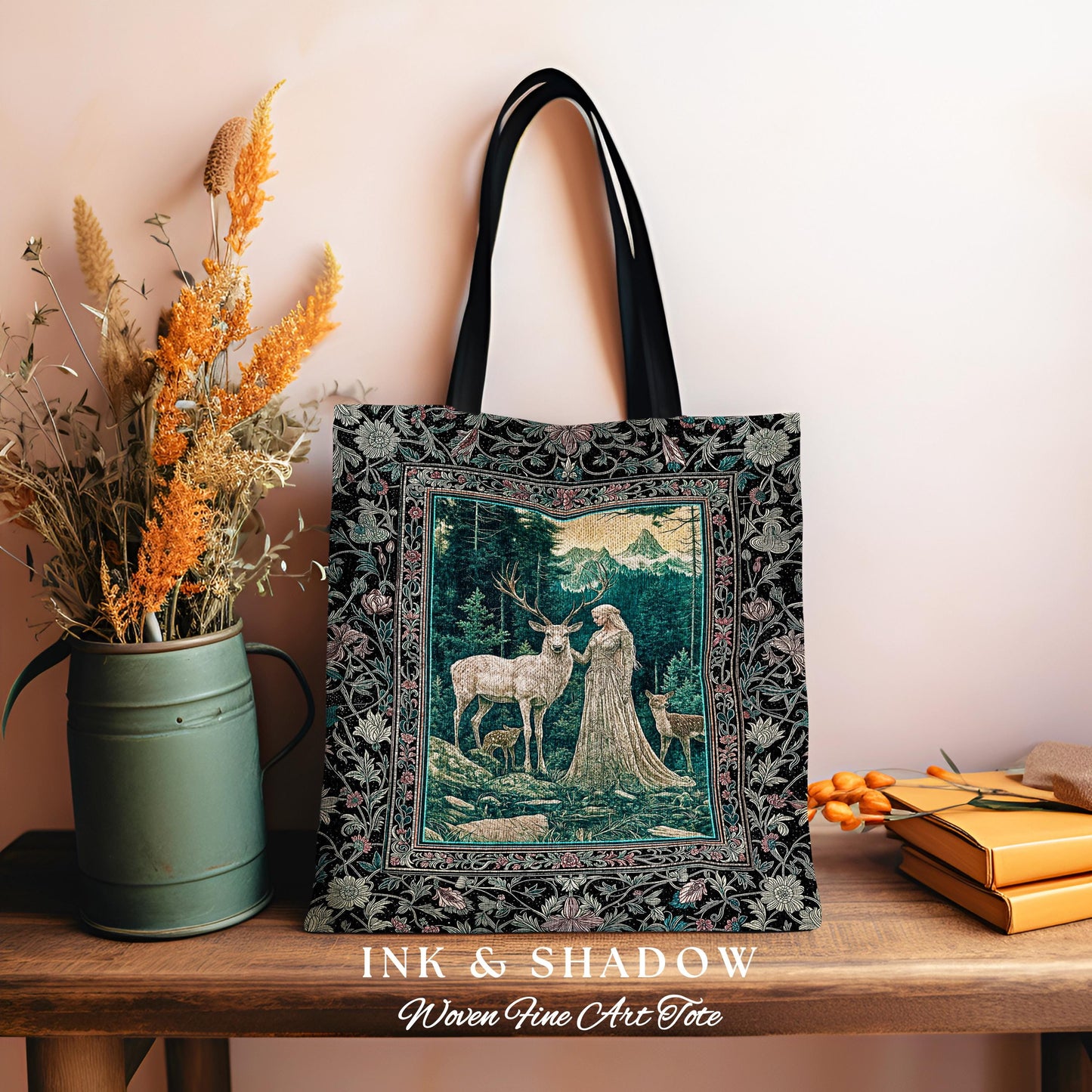 Twilight Forest Spirits Tote Bag | Mythic Woodland Fairycore Tapestry Bag Royal Gothic Renaissance Folklore Landscape Woven Victorian Style