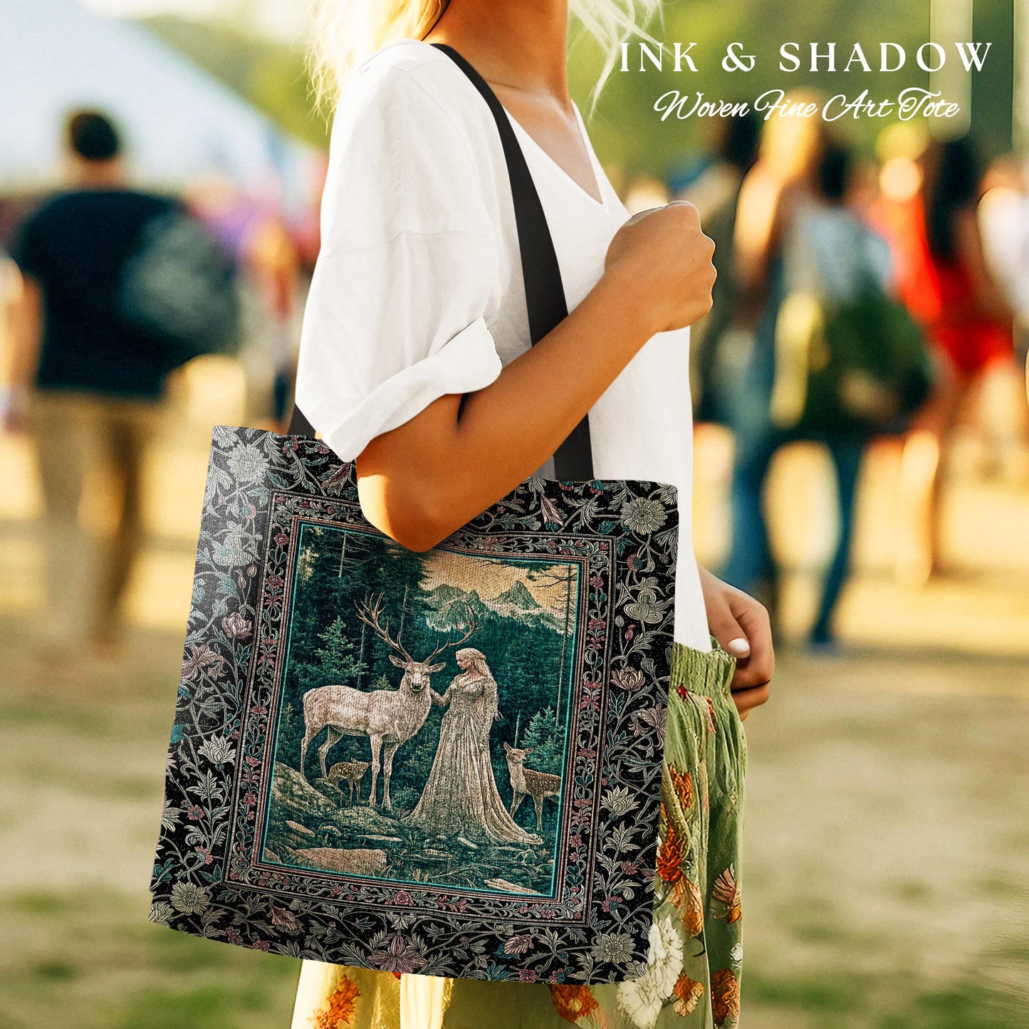 Twilight Forest Spirits Tote Bag | Mythic Woodland Fairycore Tapestry Bag Royal Gothic Renaissance Folklore Landscape Woven Victorian Style