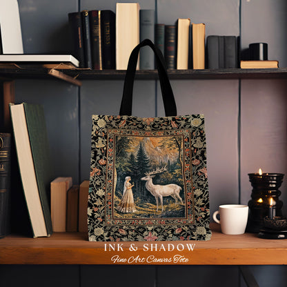 Mythic Landscape Gothic Forest Tote | Woodland Goddess Mystic Deer Tapestry Bag Forest Nymph Fairycore Woven Magical Botanical Deer Scene |