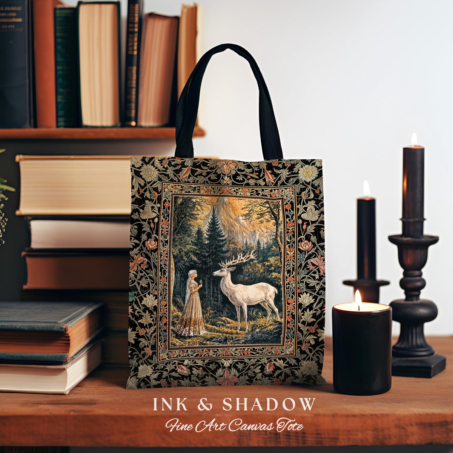 Mythic Landscape Gothic Forest Tote | Woodland Goddess Mystic Deer Tapestry Bag Forest Nymph Fairycore Woven Magical Botanical Deer Scene |