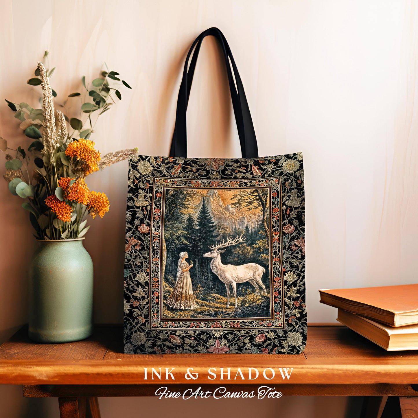 Mythic Landscape Gothic Forest Tote | Woodland Goddess Mystic Deer Tapestry Bag Forest Nymph Fairycore Woven Magical Botanical Deer Scene |