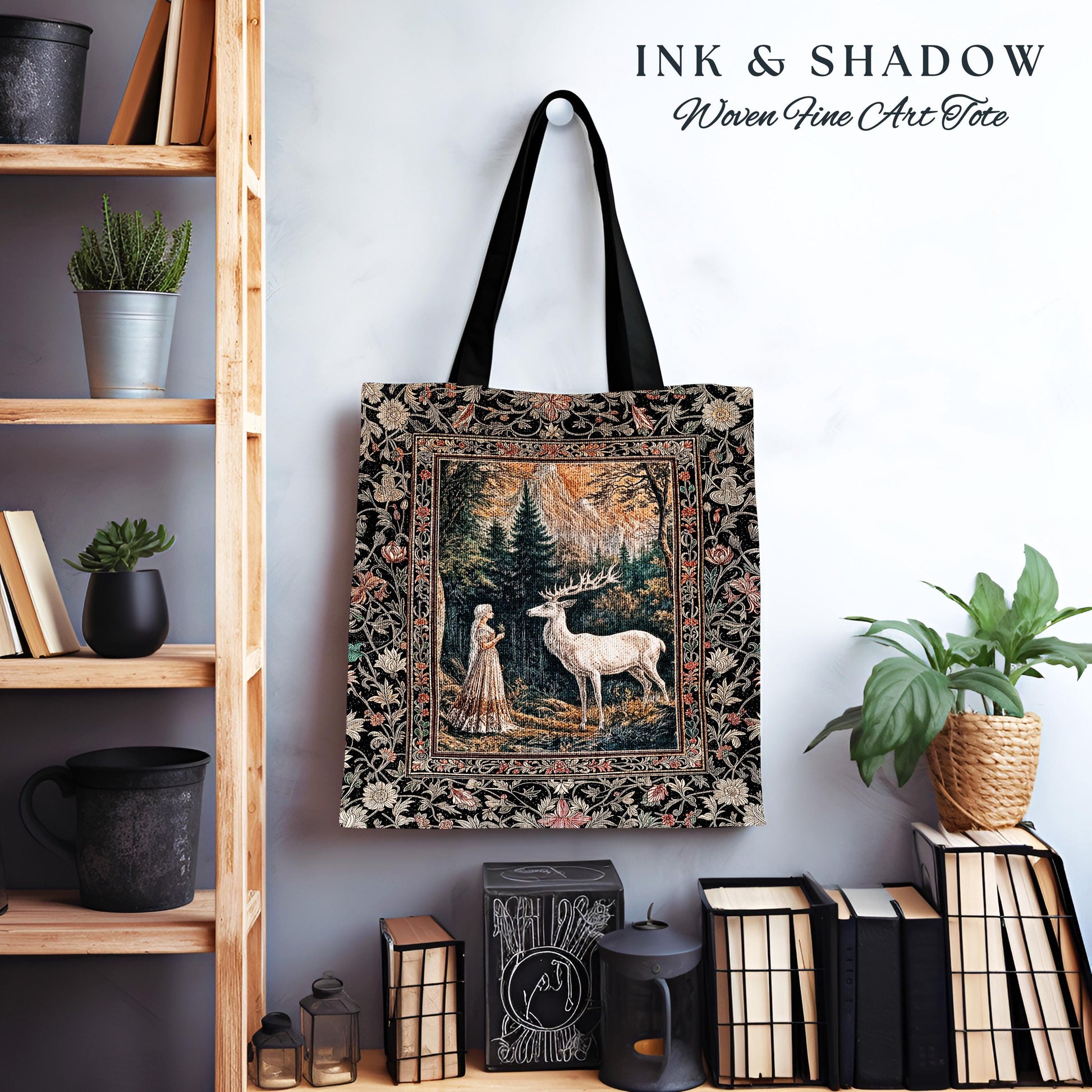 Mythic Landscape Gothic Forest Tote | Woodland Goddess Mystic Deer Tapestry Bag Forest Nymph Fairycore Woven Magical Botanical Deer Scene |