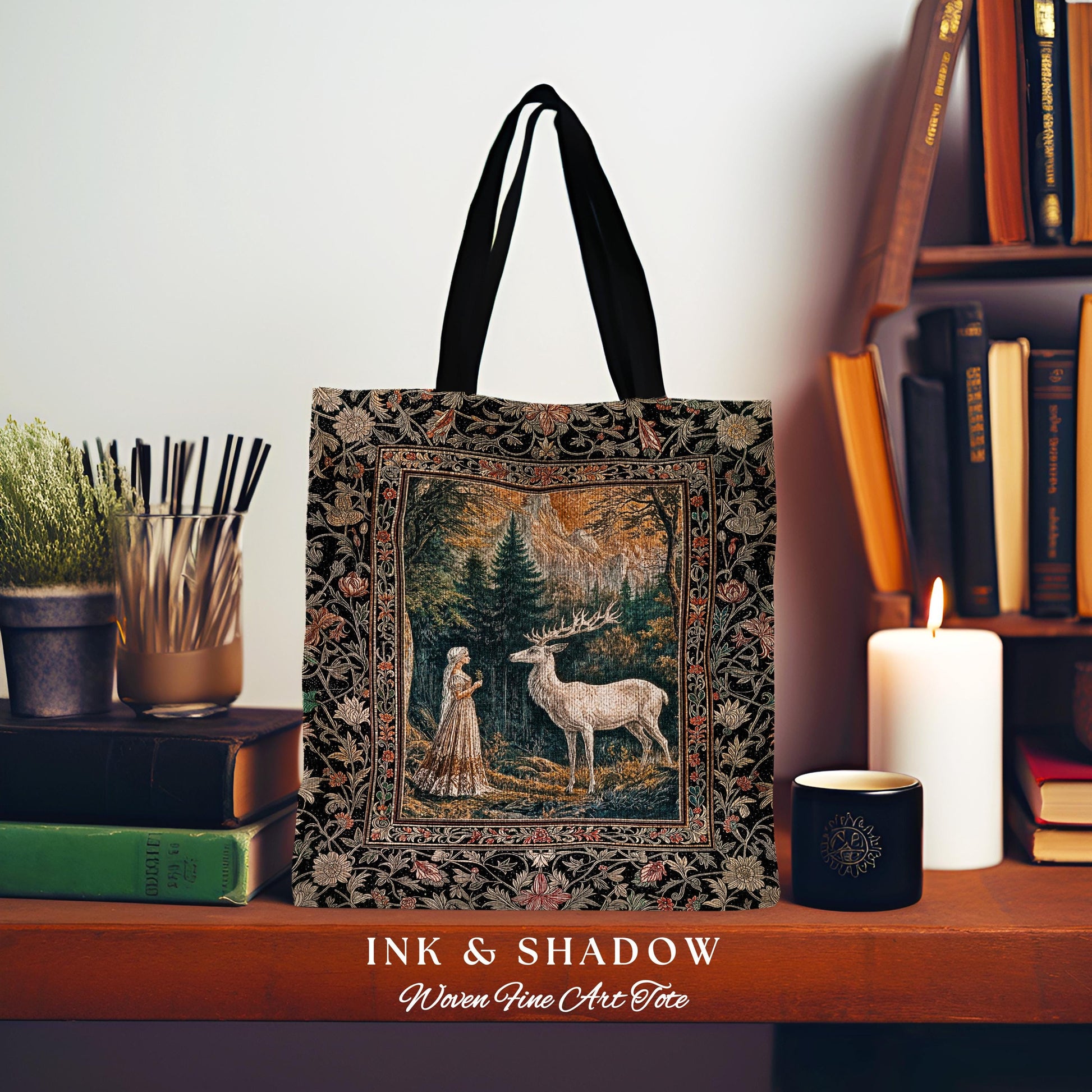 Mythic Landscape Gothic Forest Tote | Woodland Goddess Mystic Deer Tapestry Bag Forest Nymph Fairycore Woven Magical Botanical Deer Scene |