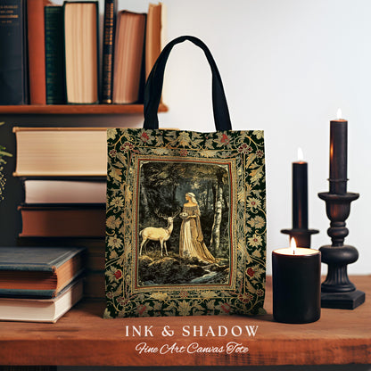 Nature Spirits Ethereal Woven Tote | Royal Medieval Folklore inspired Woodland Landscape Fantasy Tapestry Tote Everyday Bag Dark Forest Deer