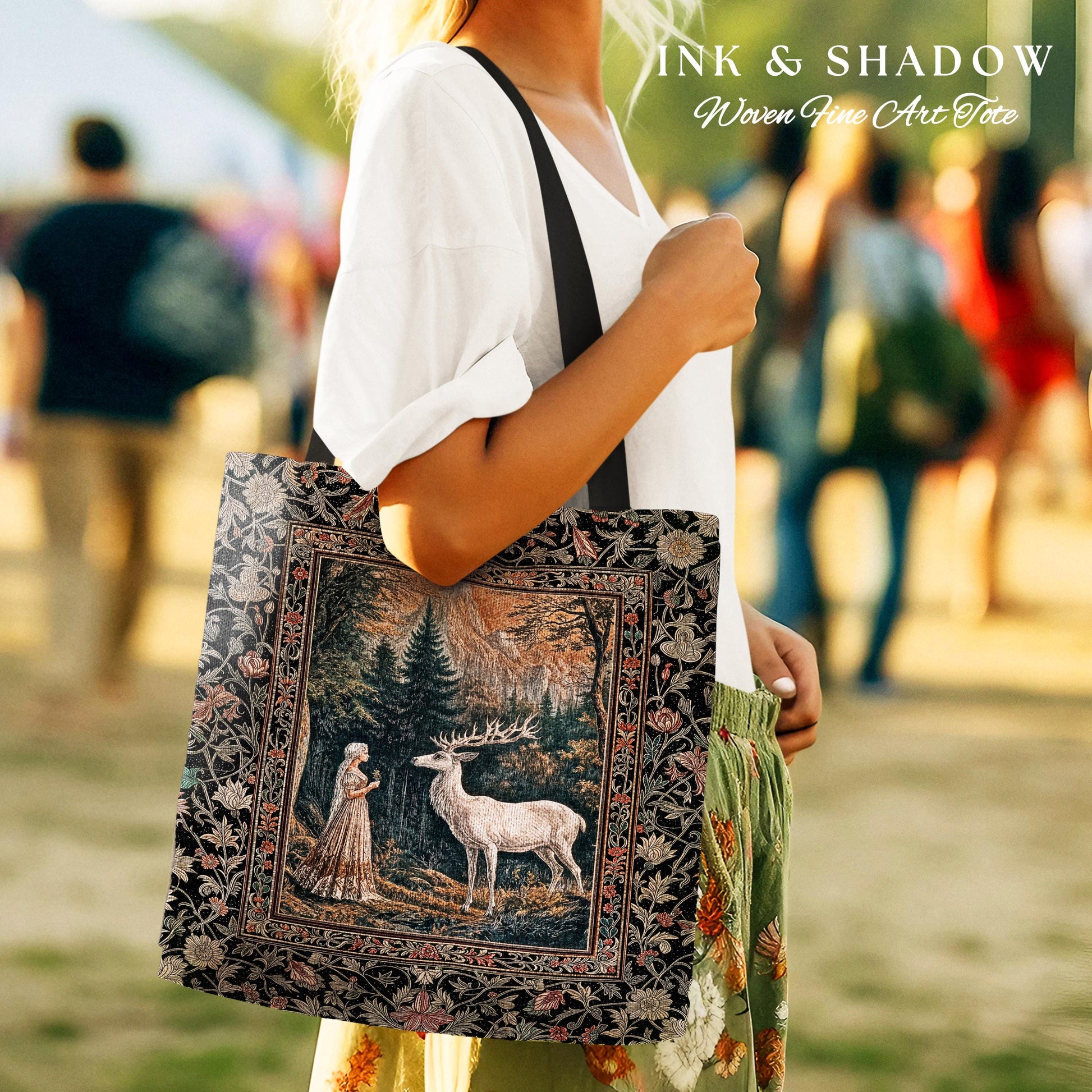 Mythic Landscape Gothic Forest Tote | Woodland Goddess Mystic Deer Tapestry Bag Forest Nymph Fairycore Woven Magical Botanical Deer Scene |