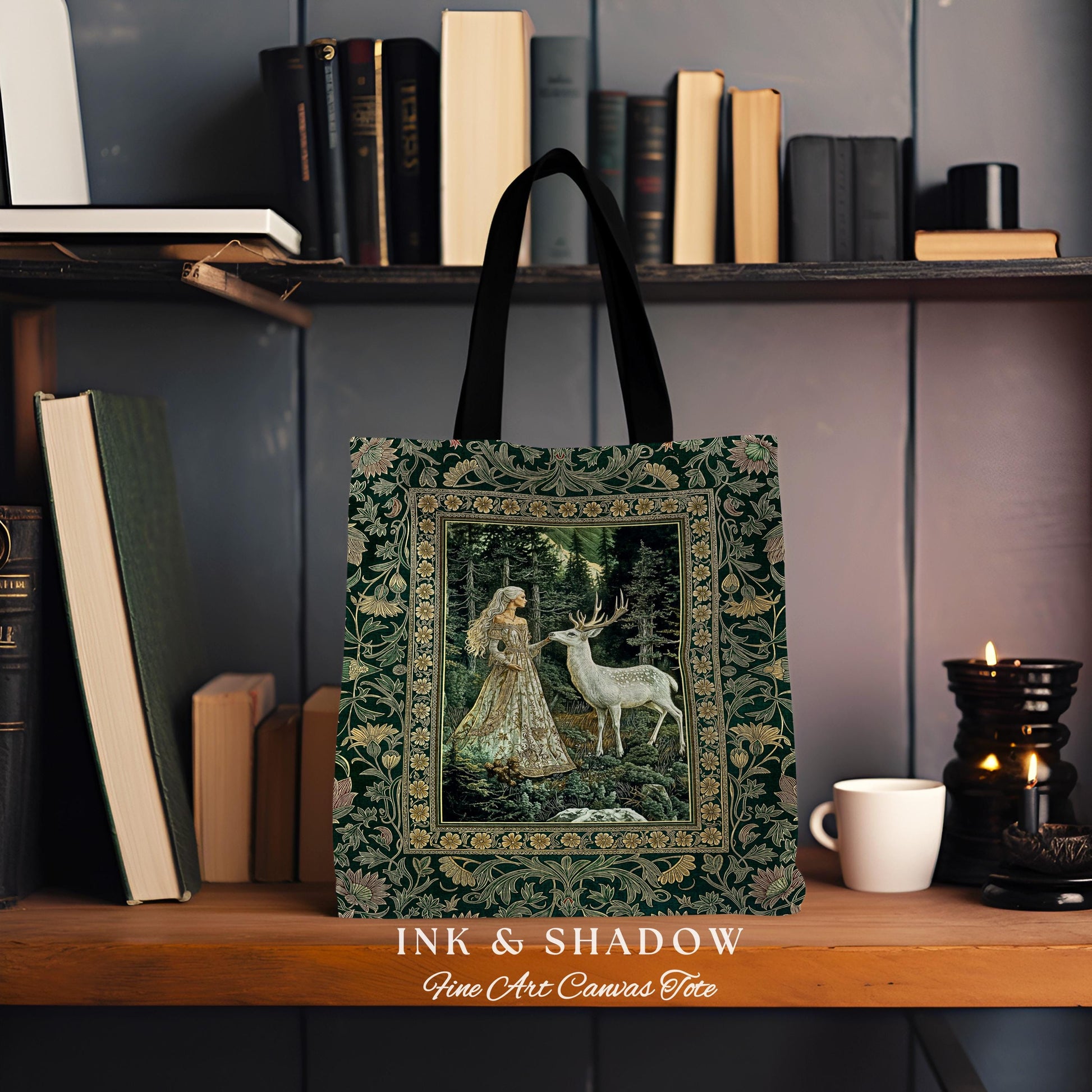 Botanical Folklore Ethereal Woven Tote | Forest Elegance Mother Earth Tapestry Bag Fantasy Dark Green Aesthetic Dark Fairycore Deer Romantic