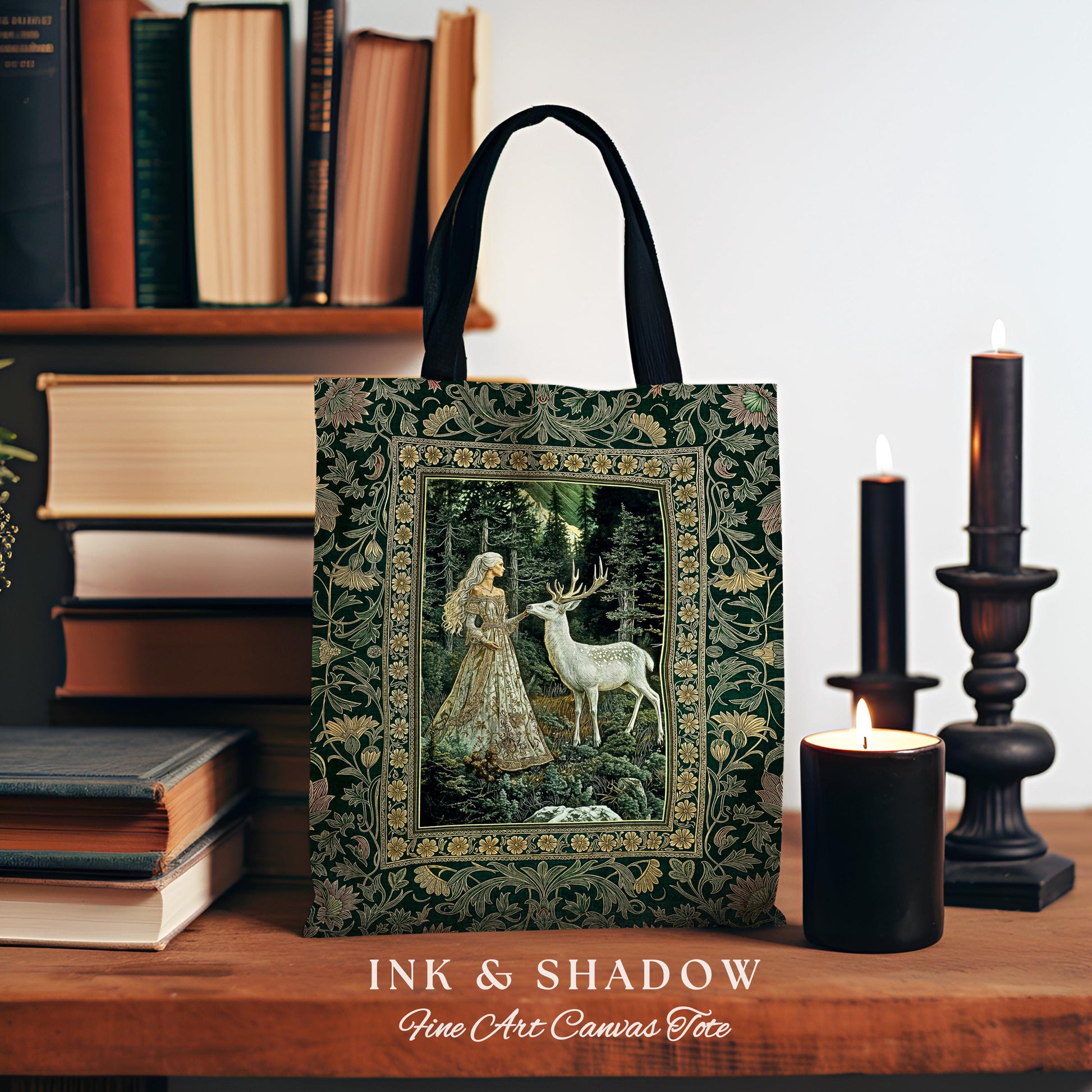 Botanical Folklore Ethereal Woven Tote | Forest Elegance Mother Earth Tapestry Bag Fantasy Dark Green Aesthetic Dark Fairycore Deer Romantic