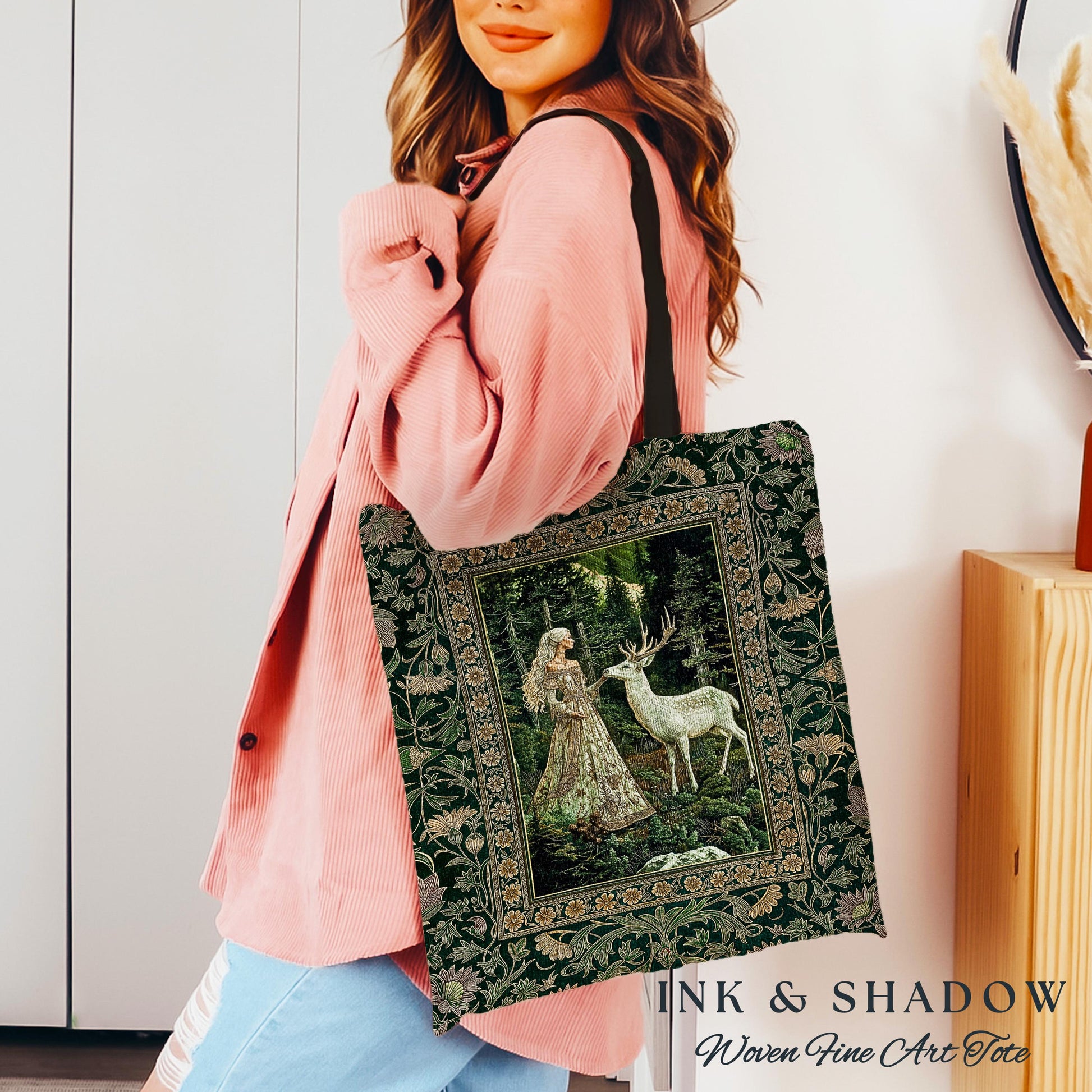 Botanical Folklore Ethereal Woven Tote | Forest Elegance Mother Earth Tapestry Bag Fantasy Dark Green Aesthetic Dark Fairycore Deer Romantic