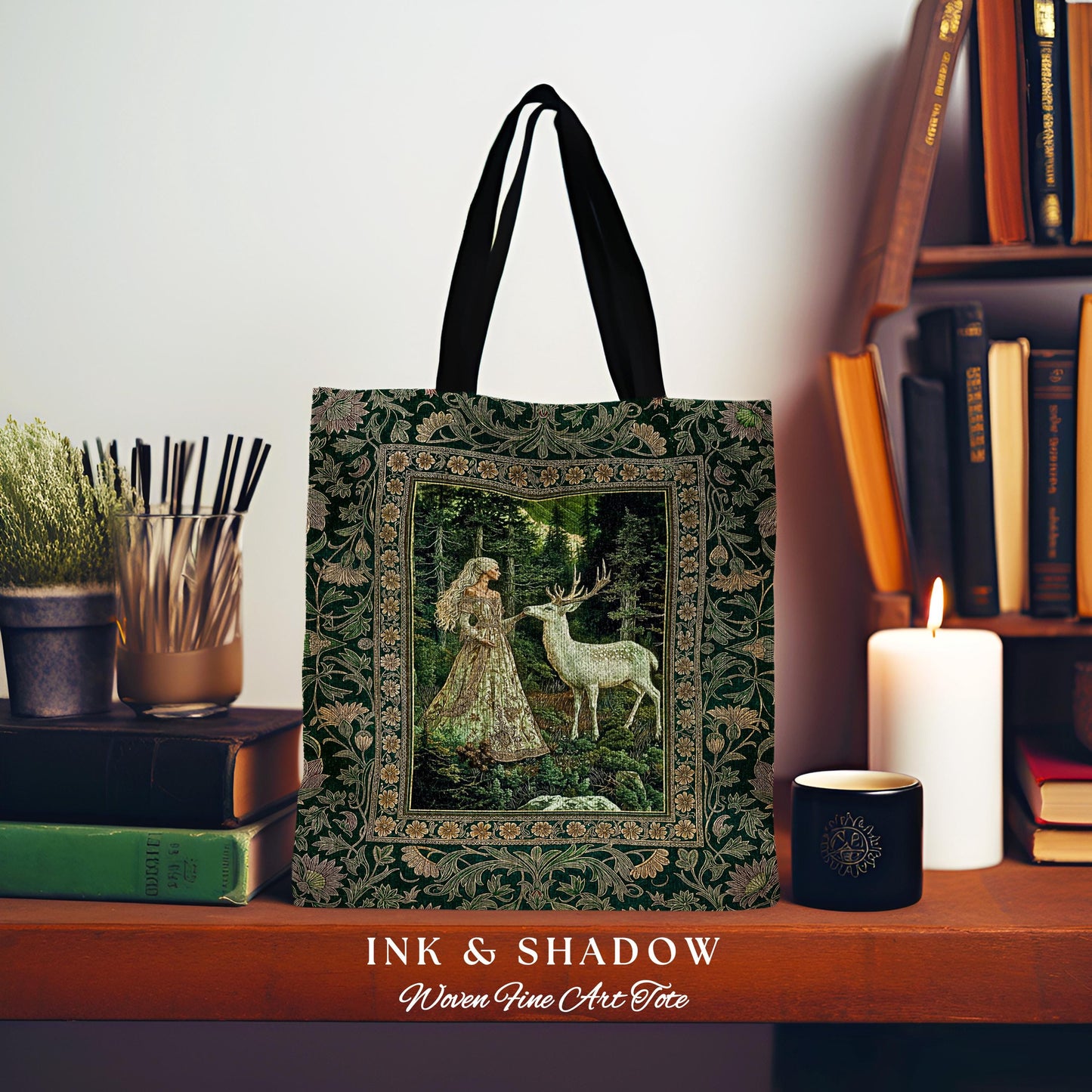 Botanical Folklore Ethereal Woven Tote | Forest Elegance Mother Earth Tapestry Bag Fantasy Dark Green Aesthetic Dark Fairycore Deer Romantic