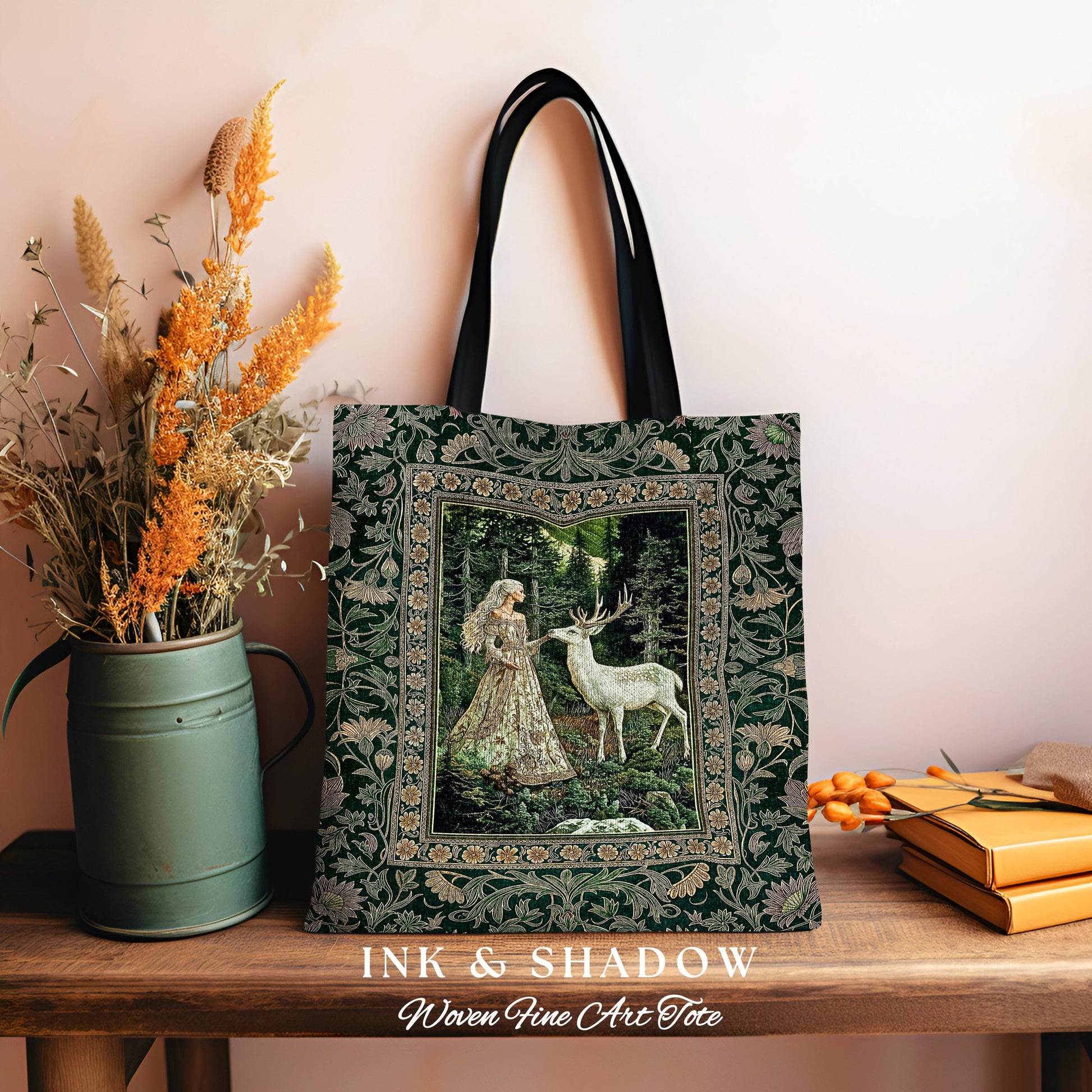 Botanical Folklore Ethereal Woven Tote | Forest Elegance Mother Earth Tapestry Bag Fantasy Dark Green Aesthetic Dark Fairycore Deer Romantic