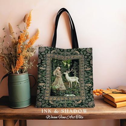 Botanical Folklore Ethereal Woven Tote | Forest Elegance Mother Earth Tapestry Bag Fantasy Dark Green Aesthetic Dark Fairycore Deer Romantic