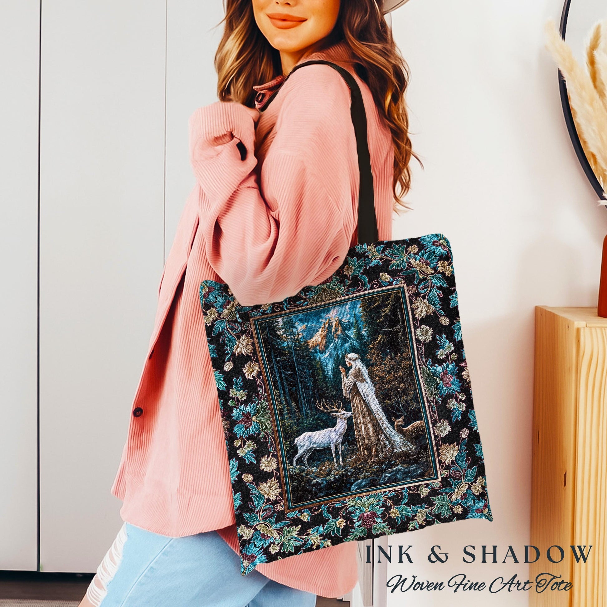 Magical Forest Fantasy Tapestry Tote | Ancient Druid Bag Woodland Spirit Animal Fairytale Decor Ethereal Woven Everyday Bag Folklore Artwork