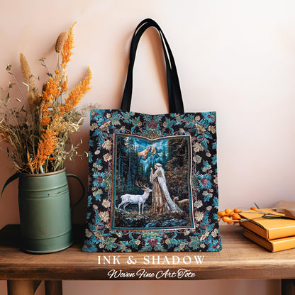 Magical Forest Fantasy Tapestry Tote | Ancient Druid Bag Woodland Spirit Animal Fairytale Decor Ethereal Woven Everyday Bag Folklore Artwork