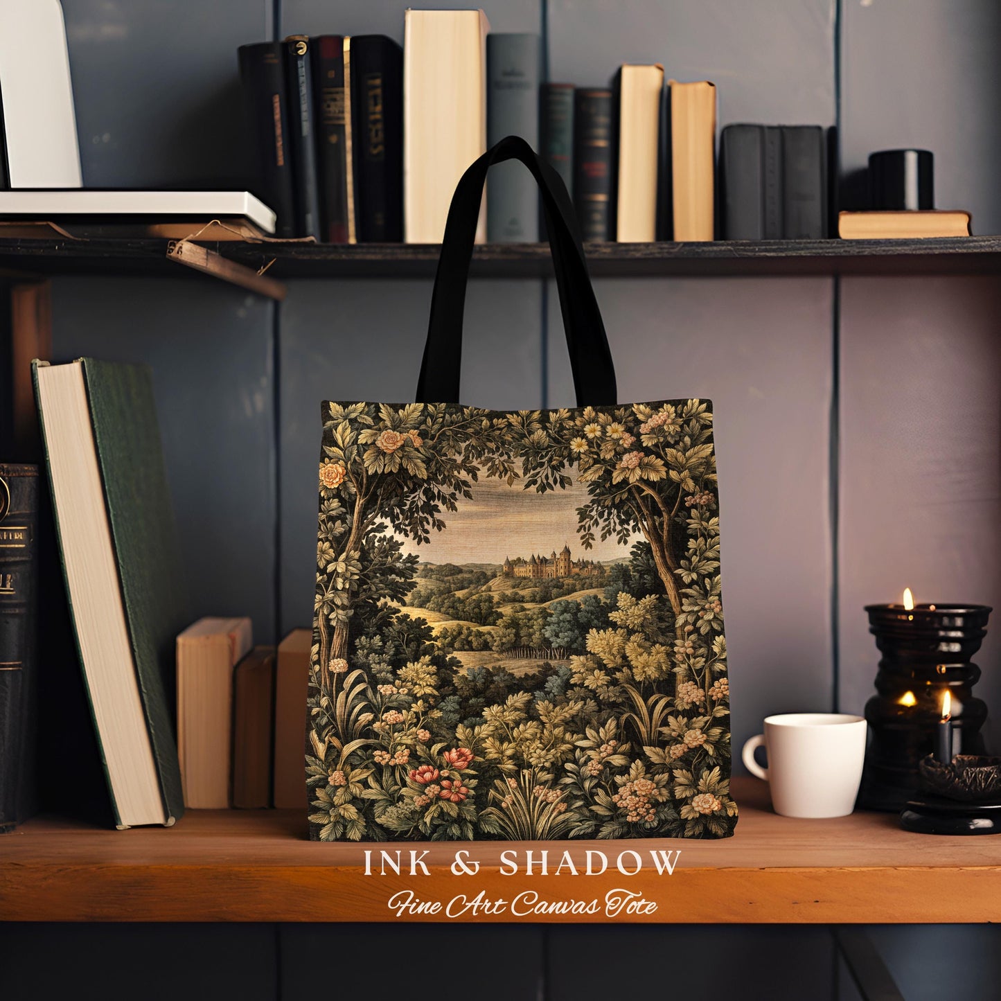 Medieval Meadow Tapestry Bag | Rustic Fairytale Tote Castle Landscape Woodland Fairy Folklore Princesscore Aesthetic Mystic Victorian Floral