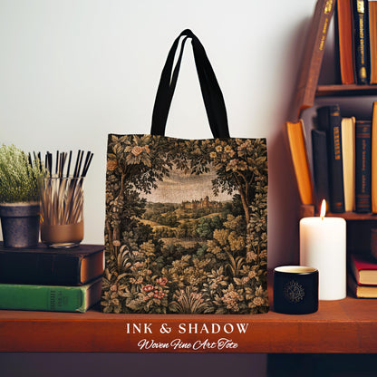 Medieval Meadow Tapestry Bag | Rustic Fairytale Tote Castle Landscape Woodland Fairy Folklore Princesscore Aesthetic Mystic Victorian Floral