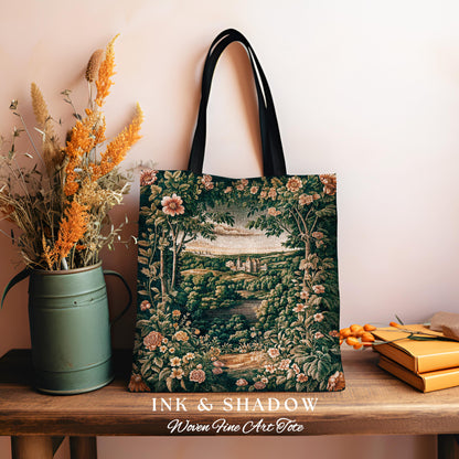 Princess Medieval Woven Tote Bag | Rustic Floral Landscape Whimsigoth Castle Ethereal Rustic Aesthetic Bag Woodland Goth Romantic Fairycore