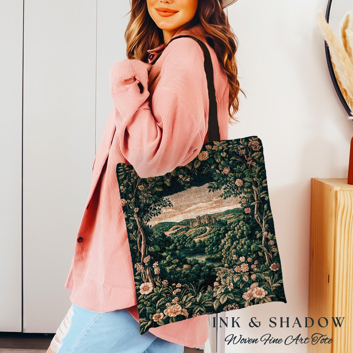 Rosy Forestcore Woven Tote | Woodland Castle Dreamy Ethereal Aesthetic Princess Woodland Medieval Woven Tapestry Bag Bohemian Landscape |