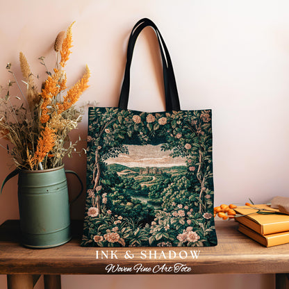 Rosy Forestcore Woven Tote | Woodland Castle Dreamy Ethereal Aesthetic Princess Woodland Medieval Woven Tapestry Bag Bohemian Landscape |