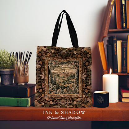 Romantic Victorian Botanical Woven Tote | Medieval Woodland Fairytale Castle Whimsigothic Folklore Everyday Bag Princesscore Victorian Art |