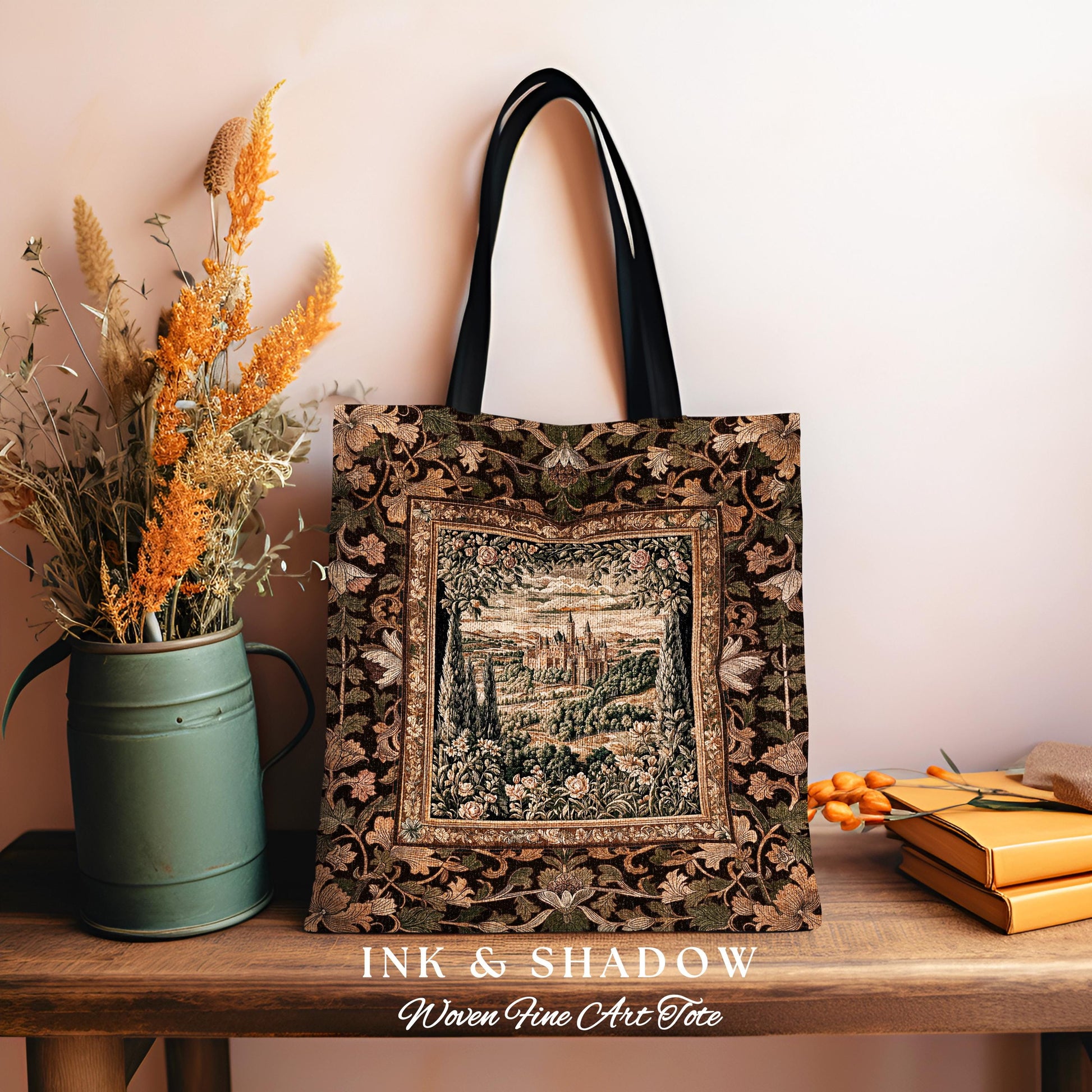 Romantic Victorian Botanical Woven Tote | Medieval Woodland Fairytale Castle Whimsigothic Folklore Everyday Bag Princesscore Victorian Art |