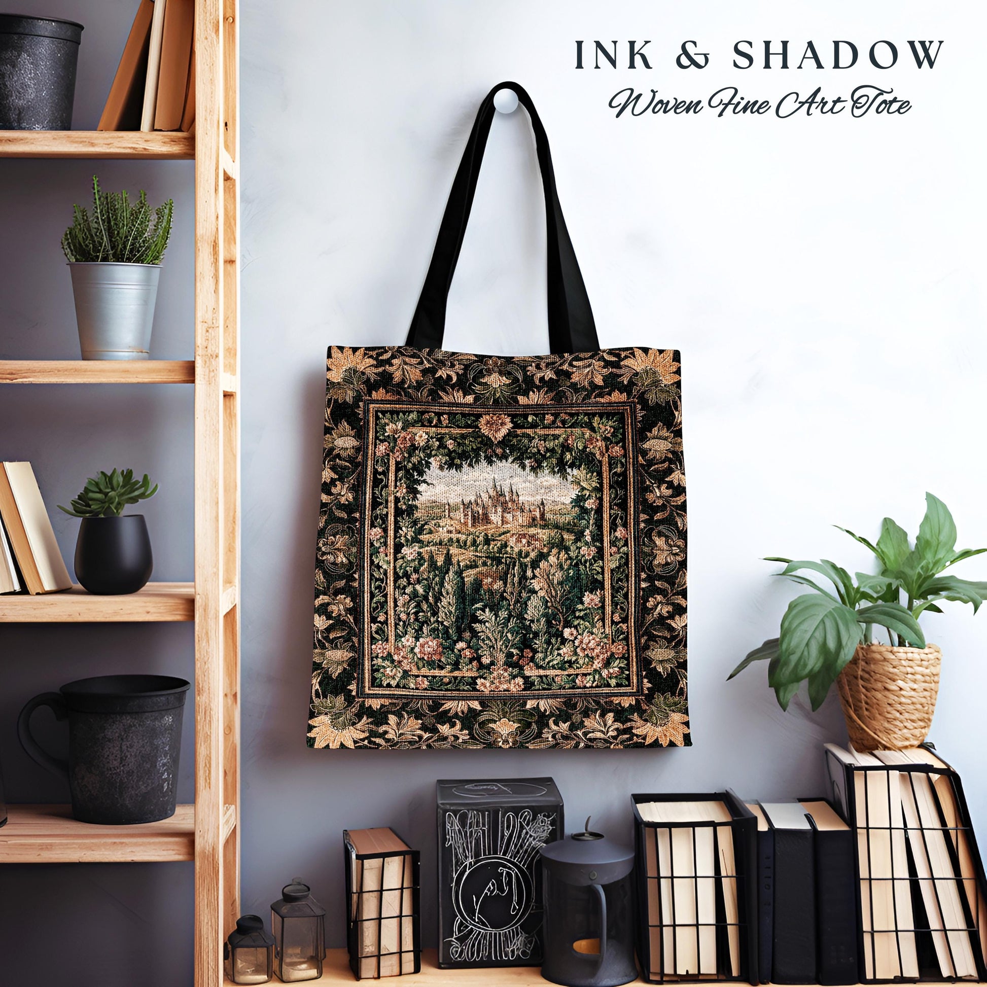 Dark Academia Victorian Royal Tapestry Tote | Fantasy Woven Everyday Bag Decor Woodland Princess Medieval Rustic Floral Landscape Maximalist