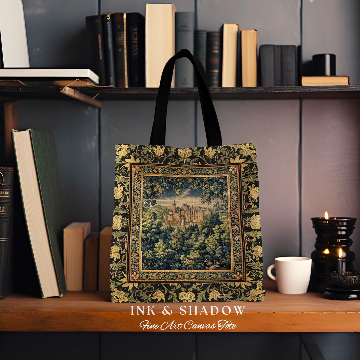 Ethereal Fairytale Fantasy Castle Tapestry Bag | Dark Academia Tote Woodland Fairy Folklore Princess Aesthetic Magical Landscape Forestcore