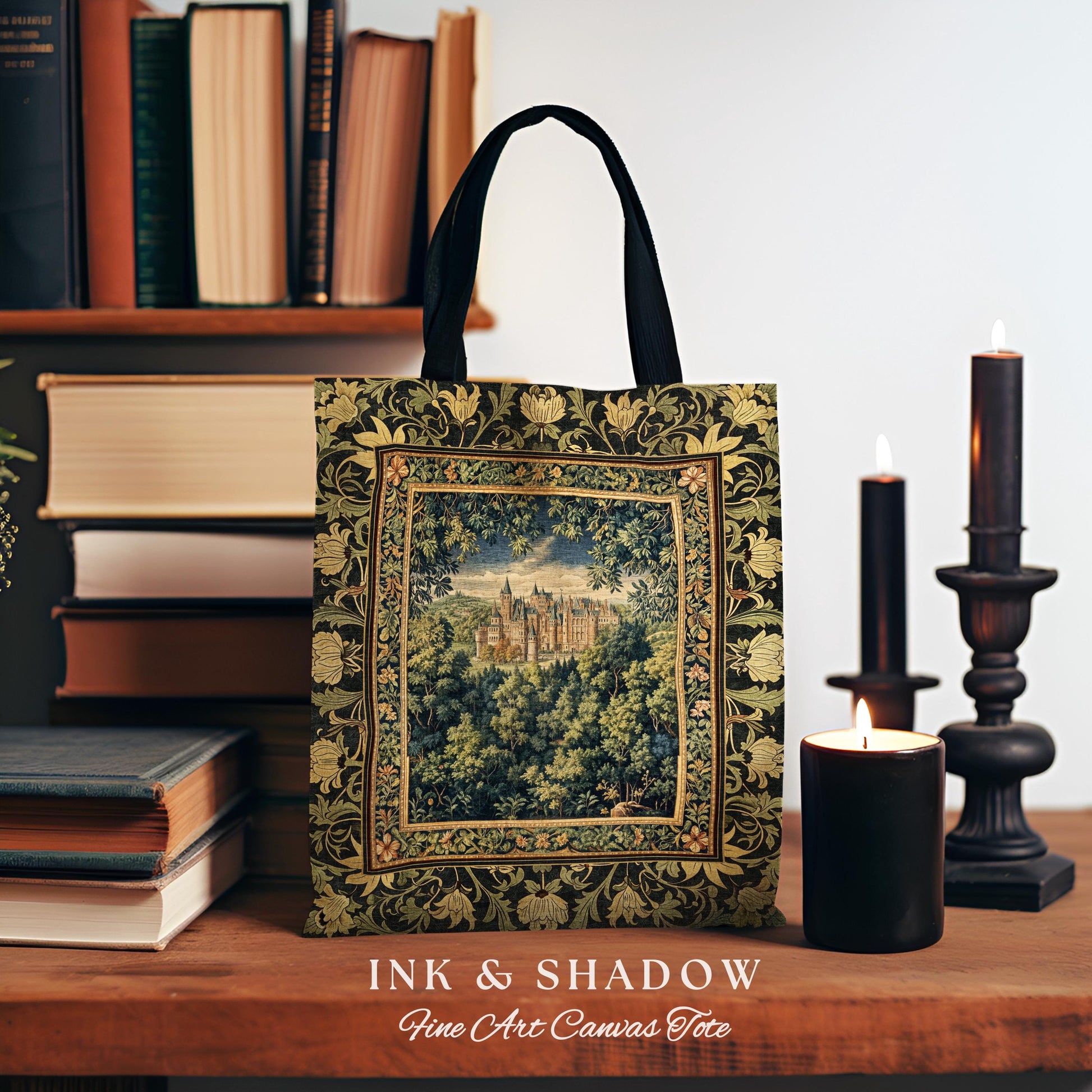 Ethereal Fairytale Fantasy Castle Tapestry Bag | Dark Academia Tote Woodland Fairy Folklore Princess Aesthetic Magical Landscape Forestcore