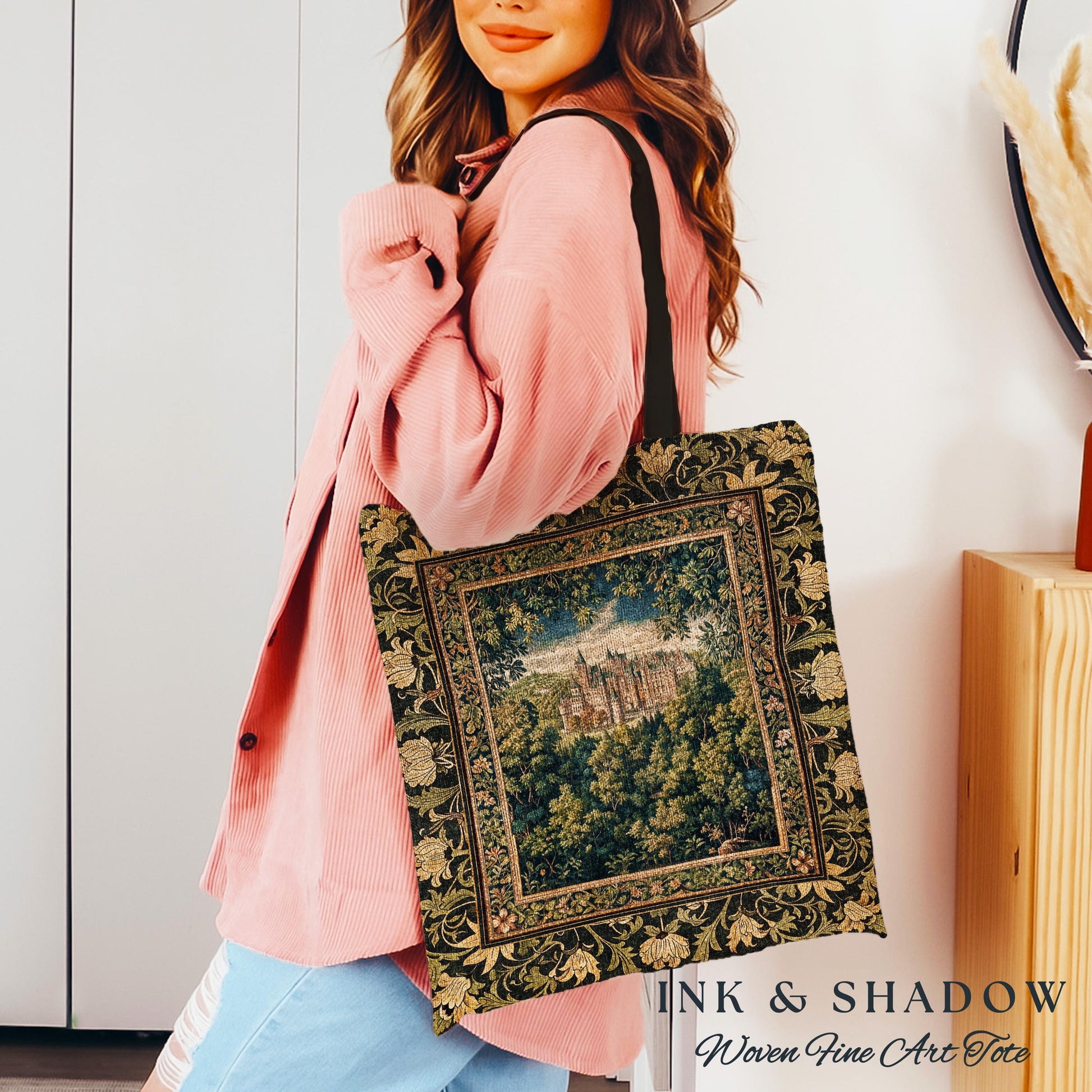 Ethereal Fairytale Fantasy Castle Tapestry Bag | Dark Academia Tote Woodland Fairy Folklore Princess Aesthetic Magical Landscape Forestcore