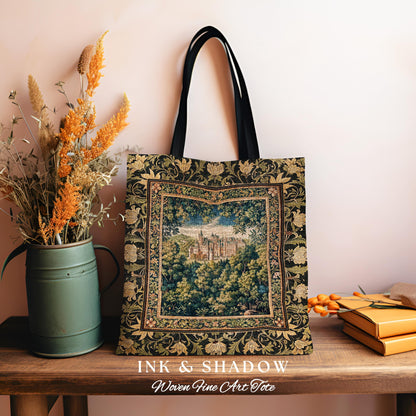 Ethereal Fairytale Fantasy Castle Tapestry Bag | Dark Academia Tote Woodland Fairy Folklore Princess Aesthetic Magical Landscape Forestcore