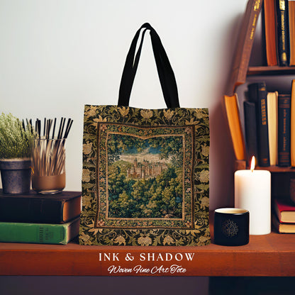 Ethereal Fairytale Fantasy Castle Tapestry Bag | Dark Academia Tote Woodland Fairy Folklore Princess Aesthetic Magical Landscape Forestcore